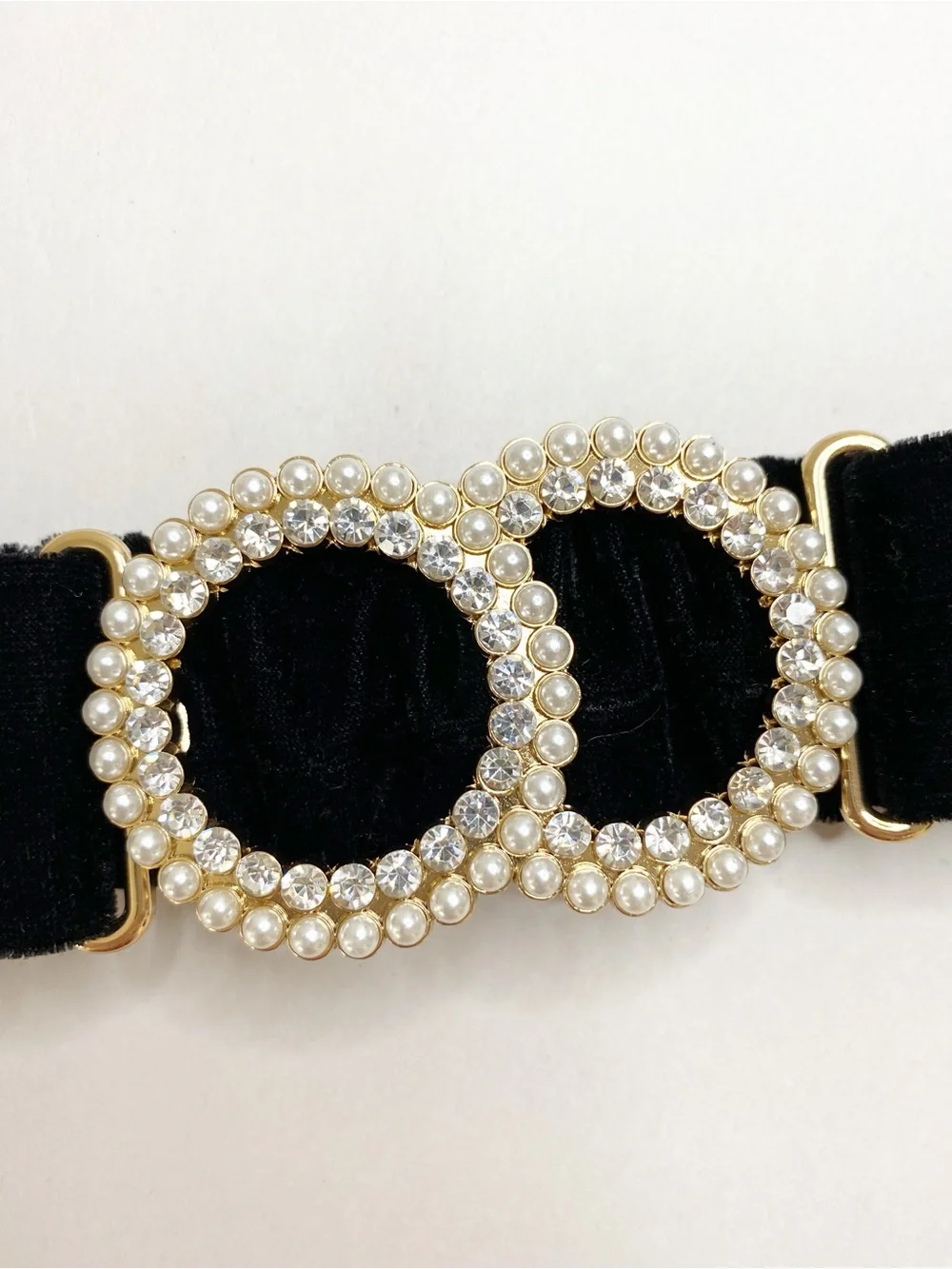 INC Black Velvet Stretch Waist Belt Gold Rhinestone Faux Pearl Buckle 30”- 41”